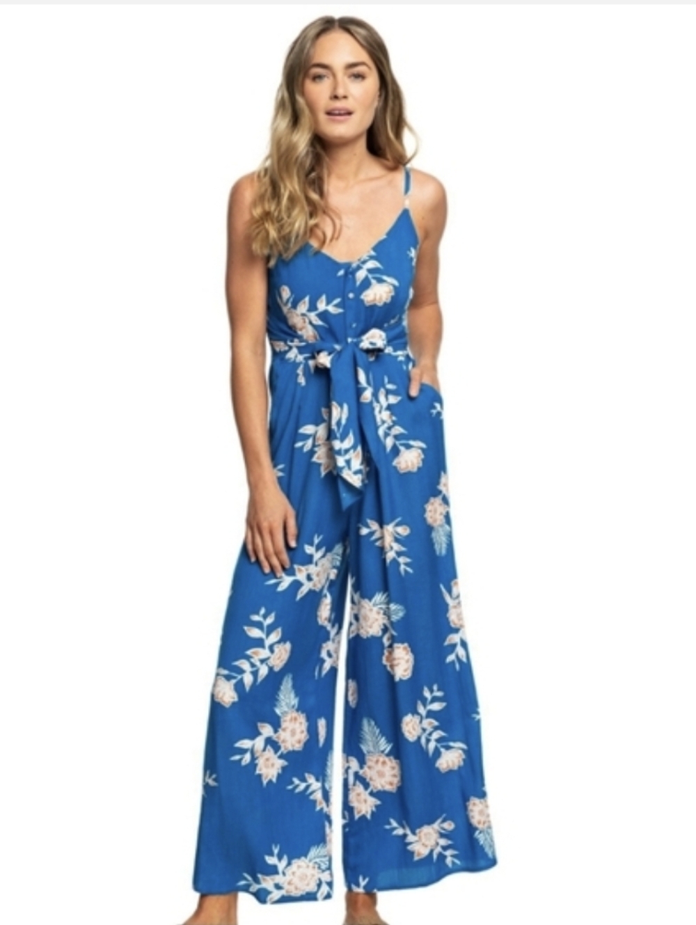 Roxy Wheels And Palm Mykonos Blue Floral Jumpsuit Womens Size Small